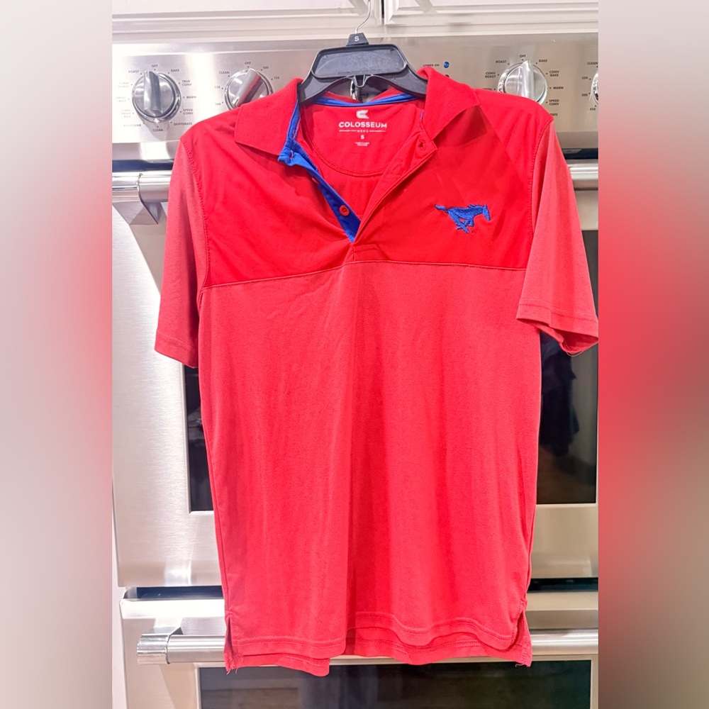SMU Colosseum Red Polo with Blue Mustang Embroidered Accent